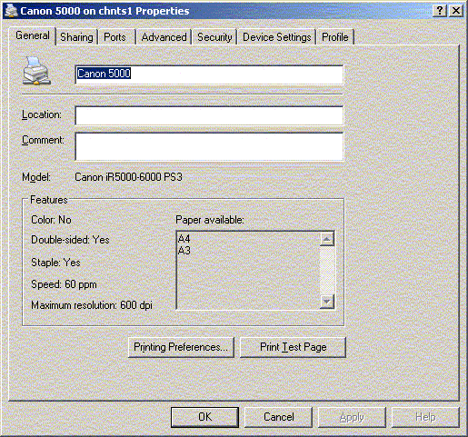 printer properies dialogue